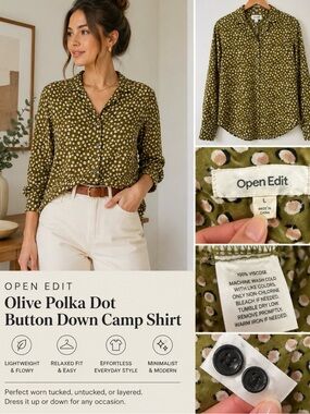 ❤️135 Open Edit Olive Polka Dot Button Down Camp Shirt Relaxed Minimalist Large